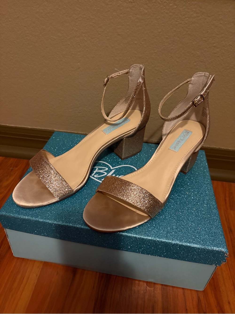 Betsey Johnson Glitter Ankle-Strap Block Heels - Rose Gold